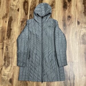 The North Face Thermoball Parka Women's L Long Hooded Coat Gray Quilted Puffer
